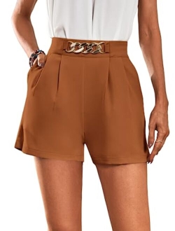 Women's Elegant High Waist Pleated Straight Leg Summer Shorts with Pockets