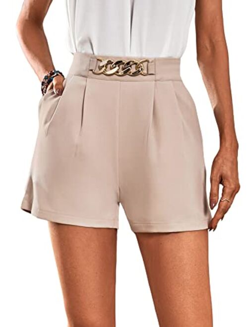 SOLY HUX Women's Elegant High Waist Pleated Straight Leg Summer Shorts with Pockets