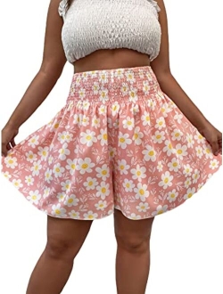 Women's Plus Size Ditsy Floral Print Shirred Elastic High Waisted Wide Leg Shorts