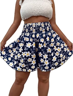 Women's Plus Size Ditsy Floral Print Shirred Elastic High Waisted Wide Leg Shorts