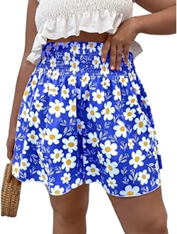 Women's Plus Size Ditsy Floral Print Shirred Elastic High Waisted Wide Leg Shorts