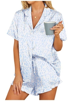 Womens Satin Pajamas Set Button Down 2 Piece Silk Pjs Shorts Set Ruffle Lingerie Notch Collar Sleepwear