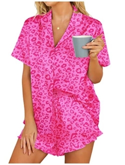 Womens Satin Pajamas Set Button Down 2 Piece Silk Pjs Shorts Set Ruffle Lingerie Notch Collar Sleepwear