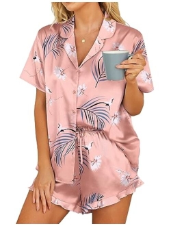 Womens Satin Pajamas Set Button Down 2 Piece Silk Pjs Shorts Set Ruffle Lingerie Notch Collar Sleepwear