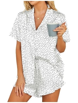 Womens Satin Pajamas Set Button Down 2 Piece Silk Pjs Shorts Set Ruffle Lingerie Notch Collar Sleepwear