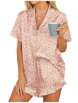 Womens Satin Pajamas Set Button Down 2 Piece Silk Pjs Shorts Set Ruffle Lingerie Notch Collar Sleepwear