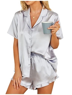 Womens Satin Pajamas Set Button Down 2 Piece Silk Pjs Shorts Set Ruffle Lingerie Notch Collar Sleepwear