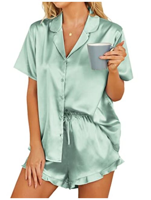 HOTOUCH Womens Satin Pajamas Set Button Down 2 Piece Silk Pjs Shorts Set Ruffle Lingerie Notch Collar Sleepwear