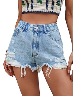 Women's Ripped Raw Hem Summer Denim Shorts High Waist Straight Leg Jean Shorts