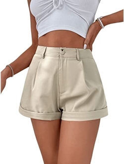 Women's Casual High Waisted Rolled Hem Wide Leg Summer Shorts