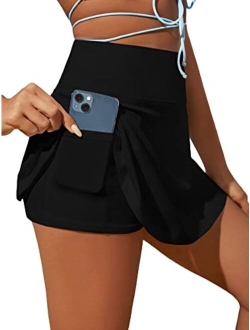 Women's High Waist A Line Tennis Skirt Workout Athletic Golf Skorts with Pocket & Inner Shorts