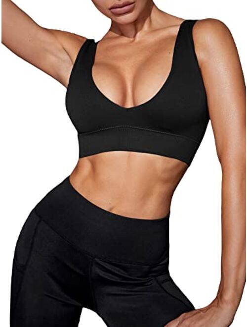 SOLY HUX Women's V Neck Seamless Sports Bra Medium Support Removable Cups Workout Yoga Tank Tops