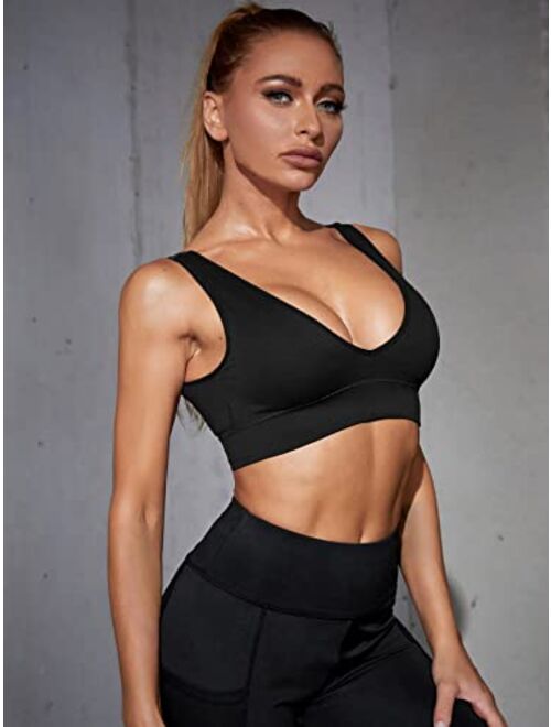 SOLY HUX Women's V Neck Seamless Sports Bra Medium Support Removable Cups Workout Yoga Tank Tops