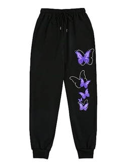 Women's Butterfly Print Drawstring High Waisted Sweatpants Joggers Pants