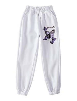 Women's Butterfly Print Drawstring High Waisted Sweatpants Joggers Pants