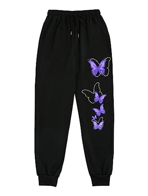 SOLY HUX Women's Butterfly Print Drawstring High Waisted Sweatpants Joggers Pants