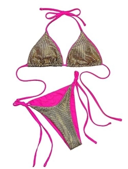 Women's Sexy Metallic 2 Piece Swimsuit Halter Triangle Tie Side Bikini Set Bathing Suits