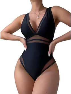 Women's Mesh One Piece Swimsuit Deep V Neck Sleeveless Bathing Suit Monokini Swimwear