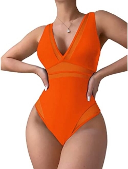 Women's Mesh One Piece Swimsuit Deep V Neck Sleeveless Bathing Suit Monokini Swimwear