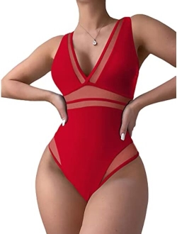 Women's Mesh One Piece Swimsuit Deep V Neck Sleeveless Bathing Suit Monokini Swimwear