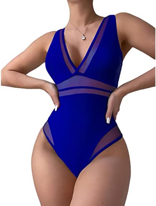 SOLY HUX Women's Mesh One Piece Swimsuit Deep V Neck Sleeveless Bathing Suit Monokini Swimwear