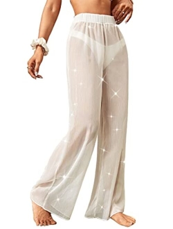 Women's High Elastic Waist Sheer See Through Summer Beach Pants Bikini Swimsuit Cover up