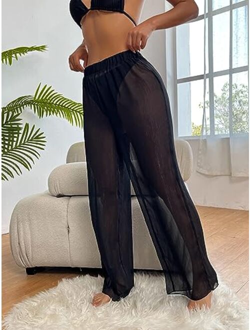 SOLY HUX Women's High Elastic Waist Sheer See Through Summer Beach Pants Bikini Swimsuit Cover up