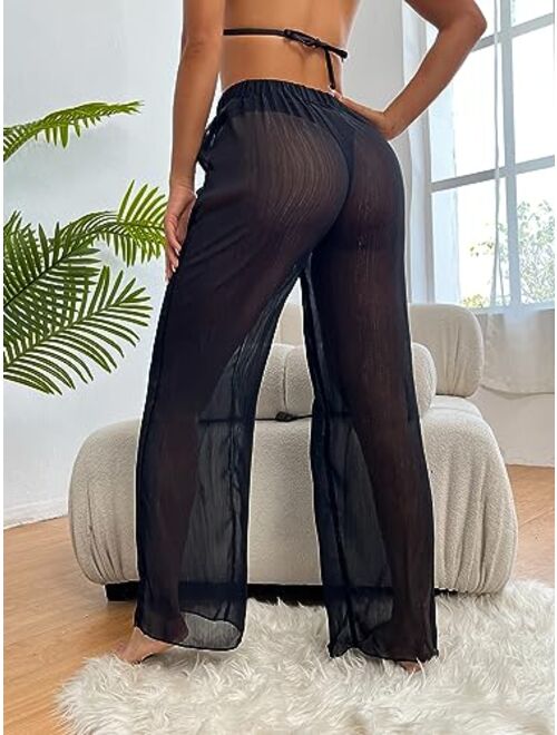 SOLY HUX Women's High Elastic Waist Sheer See Through Summer Beach Pants Bikini Swimsuit Cover up