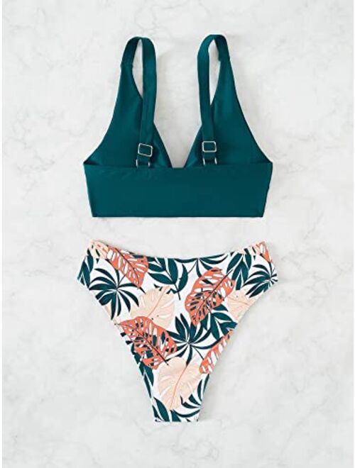 SOLY HUX Women's Summer High Waisted Two Piece Bikini Sets Swimsuit Leaf Print Bathing Suit