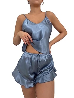 Women's Sexy Silk Satin Ruffled Pajamas Sets Cami Shorts Sets Sleepwear