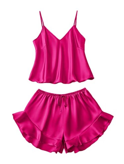 SOLY HUX Women's Sexy Silk Satin Ruffled Pajamas Sets Cami Shorts Sets Sleepwear