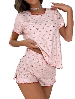 Pajama Set for Women Cute Print Short Sleeve Tee and Shorts Lounge Sleepwear