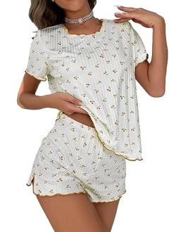 Pajama Set for Women Cute Print Short Sleeve Tee and Shorts Lounge Sleepwear