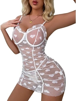 Women's Sexy Heart Mesh See Through Lingerie Babydoll Sleepwear Sleeveless Ruffle Chemise Nightgown with Thong