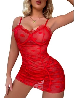 Women's Sexy Heart Mesh See Through Lingerie Babydoll Sleepwear Sleeveless Ruffle Chemise Nightgown with Thong