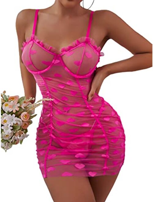 SOLY HUX Women's Sexy Heart Mesh See Through Lingerie Babydoll Sleepwear Sleeveless Ruffle Chemise Nightgown with Thong