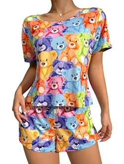 Women's Cute Cartoon Print Sleepwear Short Sleeve Tee with Shorts Pajama Set