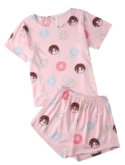 Women's Cute Cartoon Print Sleepwear Short Sleeve Tee with Shorts Pajama Set