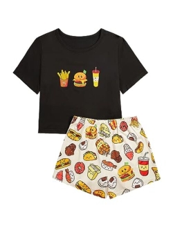 Women's Cute Cartoon Print Sleepwear Short Sleeve Tee with Shorts Pajama Set