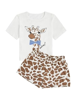 Women's Cute Cartoon Print Sleepwear Short Sleeve Tee with Shorts Pajama Set