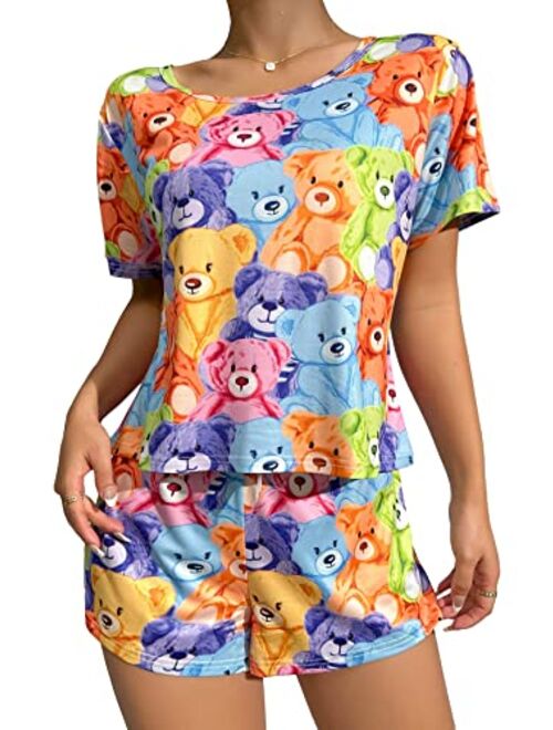 SOLY HUX Women's Cute Cartoon Print Sleepwear Short Sleeve Tee with Shorts Pajama Set