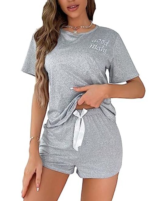 SOLY HUX Women's Cute Cartoon Print Sleepwear Short Sleeve Tee with Shorts Pajama Set