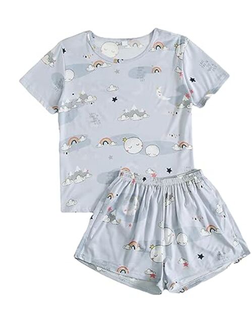 SOLY HUX Women's Cute Cartoon Print Sleepwear Short Sleeve Tee with Shorts Pajama Set