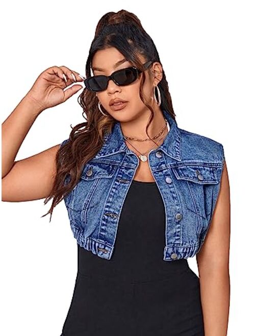 SOLY HUX Women's Plus Size Crop Vest Denim Jacket Sleeveless Flap Pocket Summer Jean Jackets