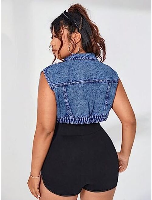 SOLY HUX Women's Plus Size Crop Vest Denim Jacket Sleeveless Flap Pocket Summer Jean Jackets