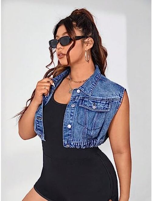 SOLY HUX Women's Plus Size Crop Vest Denim Jacket Sleeveless Flap Pocket Summer Jean Jackets