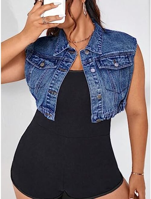 SOLY HUX Women's Plus Size Crop Vest Denim Jacket Sleeveless Flap Pocket Summer Jean Jackets