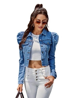 Women's Puff Long Sleeve Raw Hem Button Down Crop Denim Jacket