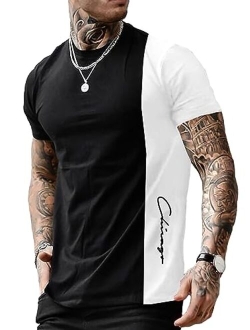 Men's Color Block Letter Print Short Sleeve T Shirt Casual Summer Tee Tops