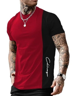 Men's Color Block Letter Print Short Sleeve T Shirt Casual Summer Tee Tops